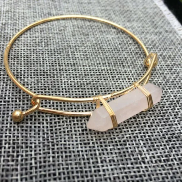 Double Terminated Rose Quartz Crystal Gold Bangle Bracelet - Picture 5 of 7